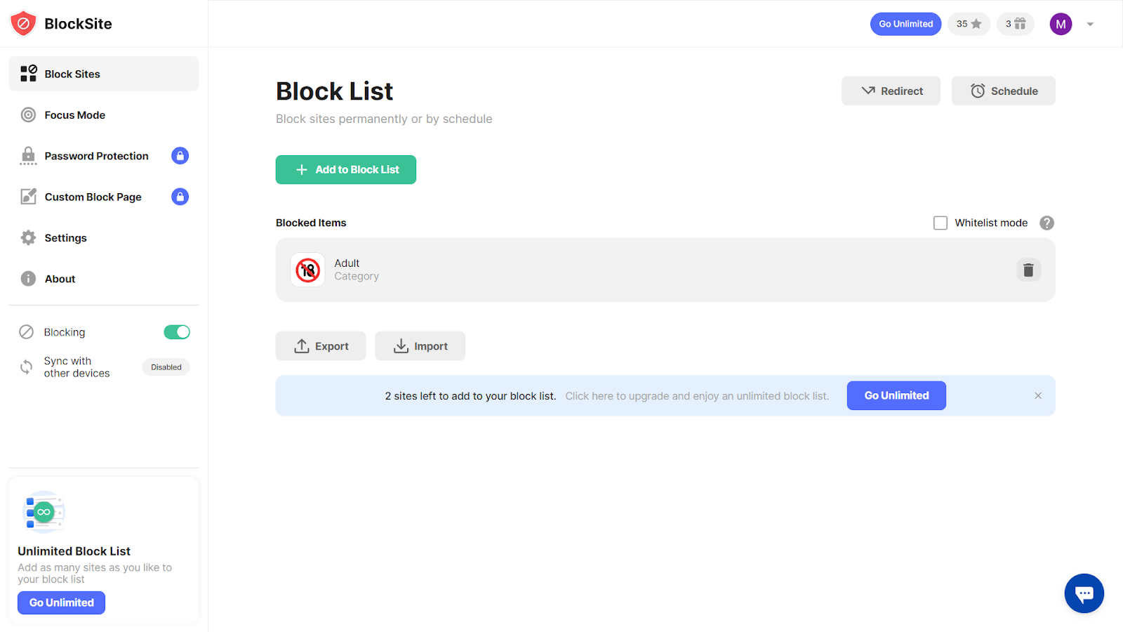 block list to block websites with blocksite